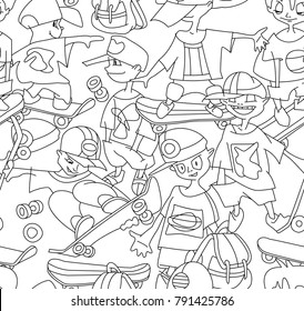 Seamless pattern of young skateboarders. Funny cartoon sketch of teenager boys. Skateboarder doing a jumping trick, vector illustration. Playing kids.