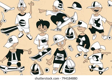 Seamless pattern of young skateboarders. Funny cartoon sketch of teenager boys. Skateboarder doing a jumping trick, vector illustration. Playing kids.