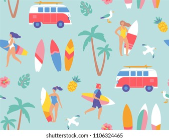 Seamless pattern. Young surfers with their surfboards. Vector illustration.