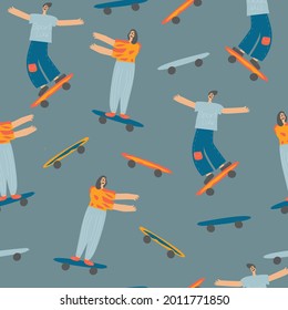 Seamless pattern of young teenagers skateboarding. Vector illustration 
