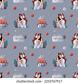 Seamless pattern with young woman with headphones listening podcast. E-learning, online courses, relaxing, technology concept. Vector illustration.