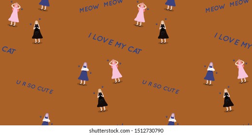 Seamless pattern with young woman hugging her cat or kitten with tenderness and love and smiles with happiness. Use for printing on textiles, card, poster, wrapping paper. Vector illustration.