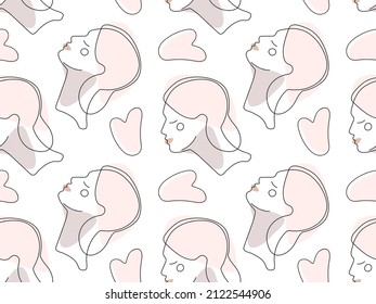 Seamless pattern with Young woman portrait, Gua sha stones line art. In fashionable linear style in pastel tones. Rose quartz Stone. Repeated Vector illustration for wallpaper, textile, packaging.