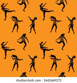 Seamless pattern with young women dancing in free spontaneous way. Simple black silhouettes on yellow background. Vector illustration.