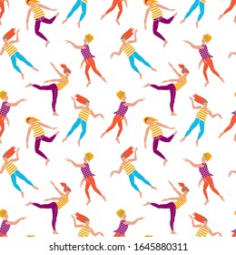 Seamless pattern with young women dancing in free spontaneous way. Simple colored figures on white background. Flat vector illustration.