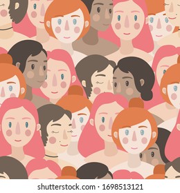 Seamless pattern with young women of different ethnicity, skin color. Teamwork, social issues, racism, lgbt, feminism, women´s day, mother's day concepts. Flat. Vector stock illustration. 