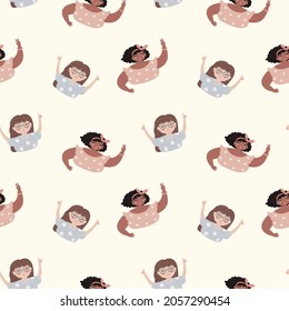Patrón sin inconvenientes con mujeres jóvenes de diferentes razas, ilustración vectorial de dibujos animados planos	