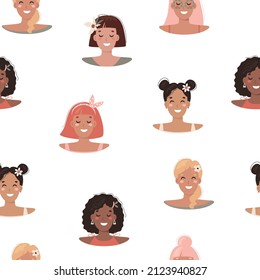 Seamless pattern with young women of different races, vector flat cartoon illustration.	