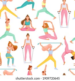 Seamless pattern with young women doing fitness exercises. The concept of sport, gym, yoga, pilates, fitness. Healthy lifestyle. Health benefits for the body, mind and emotions. Vector illustration.