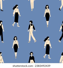 Seamless pattern young women with Shopping bags. Discount, Sale, black friday, marketing, purchasing, mall concept. Hand drawn colorful isolated Vector illustrations