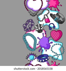 Seamless pattern with youth subculture symbols. Teenage creative illustration. Fashion necklaces in cartoon style.