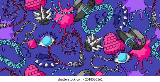 Seamless pattern with youth subculture symbols. Teenage creative illustration. Fashion necklaces in cartoon style.
