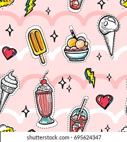 Seamless pattern in youthful style with hand drawn elements. Ice cream and coffee with hearts on wavy pink background.