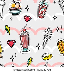 Seamless pattern in youthful style with hand drawn elements. Ice cream and coffee with hearts on wavy background.