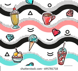 Seamless pattern in youthful style with memphis elements. Ice cream and coffee with hearts on wavy background.