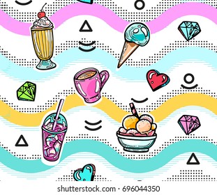 Seamless pattern in youthful style with memphis elements. Ice cream and milkshake on wavy background for fabric, textile, scrapbooking, prints, web backgrounds, menu design.