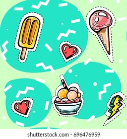 Seamless pattern in youthful style with memphis elements. Ice cream with hearts on spots background for fabric, textile, scrapbooking, prints, web backgrounds, menu design.
