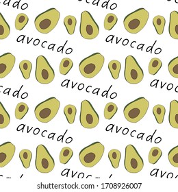 Seamless pattern with yummy avocado on white background. Vector image. 
