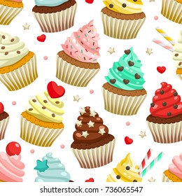 Seamless pattern of yummy colored cupcakes. Vector decorative background with different flavours and kinds