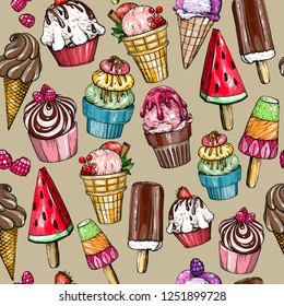 Seamless pattern with yummy, colorful ice cream. Vector illustration