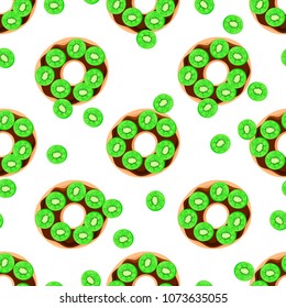 Seamless pattern with yummy donuts and fresh kiwi. Tasty background with fruits dessert. 