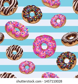 Seamless pattern with yummy donuts on striped background. Vector.