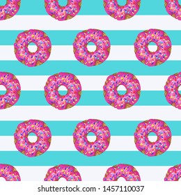 Seamless pattern with yummy donuts on striped background. Vector.