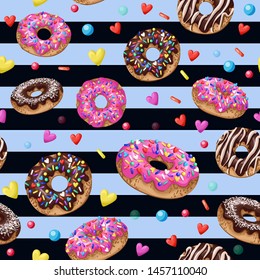 Seamless pattern with yummy donuts on striped background. Vector.