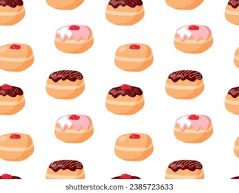 Seamless pattern with yummy donuts. Repeated vector For wallpaper, wrapping, textile, scrapbooking. Colorful donut seamless pattern background. Chocolate, pink glazed doughnuts. Hanukkah print