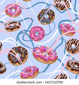 Seamless pattern with yummy donuts. Vector.