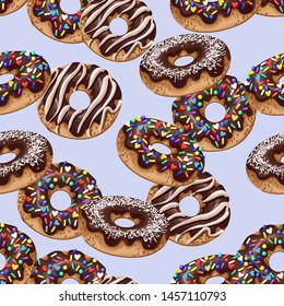 Seamless pattern with yummy donuts. Vector.