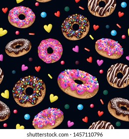 Seamless pattern with yummy donuts. Vector.