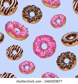 Seamless pattern with yummy donuts. Vector.