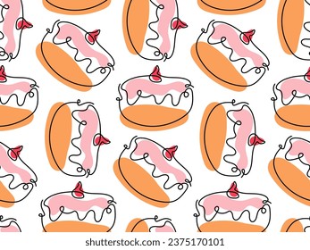 Seamless pattern with yummy doughnut. Strawberry frosted donut. Lineart vector illustration with Traditional Chanukah donuts. Pastry donut background for wallpaper, wrapping, textile, scrapbooking