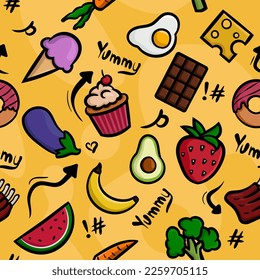 Seamless pattern of yummy food with fruits, vegetables, sweets, and meat elements. Also a fun yellow background 