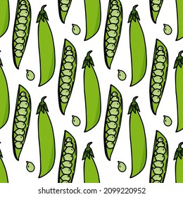 Seamless pattern with yummy green peas on white background. Vector image.
