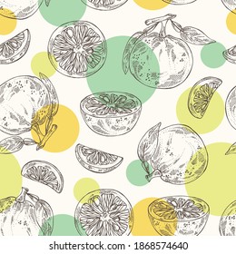 Seamless pattern with yuzu: fruts, leaves and yuzu slice. Citrus junos. Vector hand drawn illustration