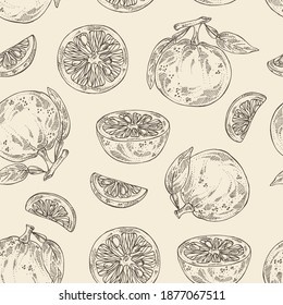 Seamless Pattern With Yuzu: Fruts, Leaves And Yuzu Slice. Citrus Junos. Vector Hand Drawn Illustration