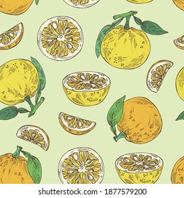 Seamless Pattern With Yuzu: Fruts, Leaves And Yuzu Slice. Citrus Junos. Vector Hand Drawn Illustration