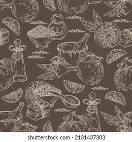 Seamless pattern with yuzu: fruts, leaves, yuzu slice and bath salt, soap and beauty products. Citrus junos. Cosmetic, perfumery and medical plant. Vector hand drawn illustration.