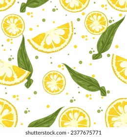 A seamless pattern of Yuzu sliced with leaf. vector illustration.