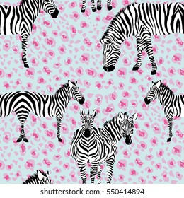 Seamless pattern of zebra animal in a trendy mirror style on the pink and blue leopard print background