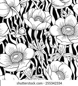 Seamless Pattern Zebra with Flowers Black & White