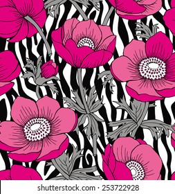 Seamless Pattern Zebra with Flowers Pink