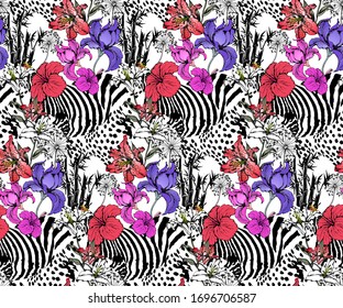 Seamless pattern of zebra and flowers. Suitable for fabric, wrapping paper and the like. Vector illustration
