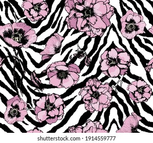 Nahtlose Muster Zebra mit Fuchsia und rosafarbenen Blumen 