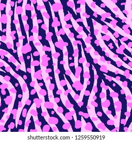 Seamless pattern with zebra fur print. Vector illustration. Exotic wild animalistic texture. Neon pink and dark blue stripes and spots wallpaper. 