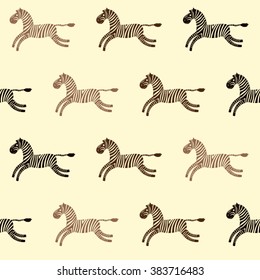 Seamless pattern with zebra galloping on a light yellow background. Children's wallpaper. Cartoon vector