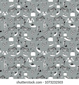 Seamless pattern with Zebra pattern, garments, boots and handbags. The facilities for fashion design with a pattern of Zebra on gray background.