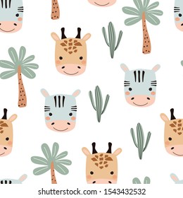 Seamless pattern with Zebra, giraffe, cactus and palm trees on white background. Vector illustration for printing on fabric, postcard, wrapping paper, book, picture, Wallpaper. Cute baby background.